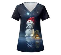 OUMSHBI Nursing Workwear for Nurses UK Women's Scrubs Uniforms Ladies Casual Christmas Print Short Sleeve Loose Caring Workwear with Pockets Holiday Xmas Blouse Women's Workwear Tops