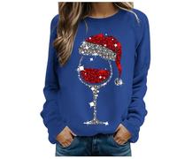 OUMSHBI Ugly Christmas Sweater Womens Glitter Wine Glass Print Sweatshirts Ladies Jumpers Round Neck Long Sleeve Pullover Tops Tunic Tee Shirt Winter Hoody Hoodie Funny Xmas Women'S Sweatshirts