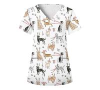 OUMSHBI Women's Scrub Top Casual Tops For Women Animal Printed Short Sleeve V Neck Holiday Fun Patterned Working Tshirts Blouse Tops With Pockets Nurses Scrub for Women Casual Doctors Scrub Top White