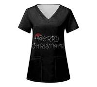 OUMSHBI Work Tunics Uniform with Pockets for Women Medical Uniform Scrub Tops Ladies Casual Christmas Print Short Sleeve Pockets Loose Caring Workwear Comfortable Nursing Workwear for (2A-Black, XXL)