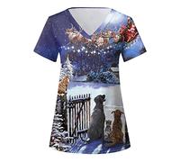 OUMSHBI Work Tunics Uniform with Pockets for Women Medical Uniform Scrub Tops Ladies Casual Christmas Print Short Sleeve Pockets Loose Caring Workwear Comfortable Nursing Workwear for Nurses Blue
