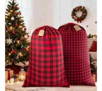 OuMuaMua 35''x55'' Jumbo Fabric Christmas Gift Bags with Drawstring, 2Pcs Red Black Buffalo Plaid Christmas Bags with Kraft Gift Tags, Extra Large Santa Sack for Xmas Holiday Gift Wrapping & Giving