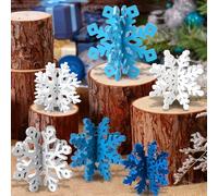 OuMuaMua 6 Set Snowflake Christmas Table Decorations - Blue White Glitter Wooden 3D Snowflake Decor Tabletop Centrepiece for Christmas Party Supplies Home Decor