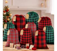 OuMuaMua Fabric Christmas Gift Bags with Drawstring 9 Pcs Black Red and Green Cloth Buffalo Plaid Bags with Kraft Gift Tags Christmas Gift Sacks for Xmas Holiday Party Favors Wrapping and Storage