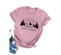 OUNAR Women Happy Camper Novelty Short Sleeve T-Shirts Graphic Camping Tops Brick Red