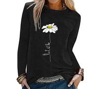 OUNAR Women Let It Be Sunflower Print Pullover T-Shirts Say Yes to New Adventure Stylish Daisy Flower Tops Black