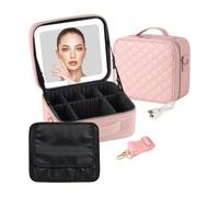 Ounfhtrttk Portable 10 Inch Makeup Case with LED Light Mirror Adjustable Dividers, Travel Cosmetic Organizer Bag Pink