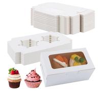 Oungy 100 Pack 2 Hole Cupcake Boxes, White 2 Hole Cupcake Holder Box with Window, 16x9x7.5cm Cupcake Carrier Holder with Insert for Cupcakes, Cookies, Brownies, Donuts