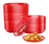 Oungy 100 Pcs Plastic Oval Food Baskets, 22 x 14 x 3.5cm Reusable Fast Food Baskets, Red Foods Serving Basket for Chip, Hot Dog, Burger, Bread, Fruit