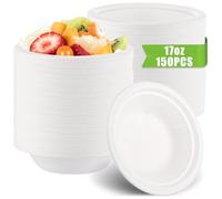 Oungy 150Pcs Paper Bowls, 480ml/17oz Bagasse Bowl White Disposable Bowls for Parties, Biodegradable Compostable Sugarcane Bowl for Salad Cereal Dessert