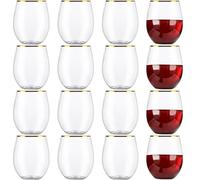 Oungy 16 Pack Plastic Stemless Wine Glasses, 12oz/350ml Plastic Wine Glasses Reusable, Clear Stemless Wine Cups Gold Rim Plastic Glasses for Party, Wedding, Picnic