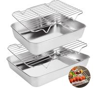 Oungy 4 PCS Roasting Tray with Rack, 2In Depth Stainless Steel Roasting Tin Tray with Cooling Wire Rack, 9&12 Inch Non Stick Cooking Oven Grill Pan Tray with Rack - Dishwasher Safe