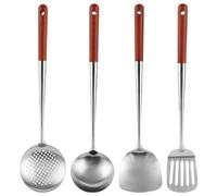 Oungy 4-Piece Wok Spatula, Ladle Stainless Steel with Solid Wood Handle, Kitchen Utensil Set Stainless Steel with Integrated Hanging Hole, Skimming Ladle, Stainless Steel Soup Ladle for Wok Cooking