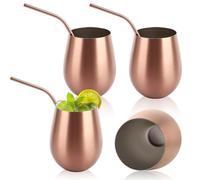 Oungy Set of 4 Stainless Steel Wine Glasses, 500ml/18oz Large Stemless Wine Glass with Straw, Unbreakable Shatterproof Wine Tumblers - Gold