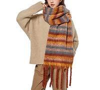 OUNIYA Large Chunky Plaid Scarf Checked Colorful Oversized Scarves Soft Big Cashmere Wool Thick Winter Warm Blanket Women, Brown Blue Strip, Large