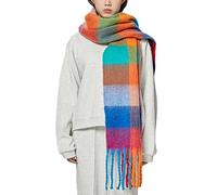 OUNIYA Large Chunky Plaid Scarf Checked Colorful Oversized Scarves Soft Big Cashmere Wool Thick Winter Warm Blanket Women, Rainbow, Large