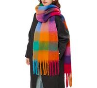 OUNIYA Large Chunky Plaid Scarf Checked Colorful Oversized Scarves Soft Big Cashmere Wool Thick Winter Warm Blanket Women, Rainbow, Large