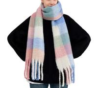 OUNIYA Large Chunky Plaid Scarf, Plaid, Multicolored, Oversized Scarves, Soft, Large Cashmere Wool, Thick, Winter, Warm Blanket for Women, Light blue/pink, L