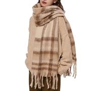 OUNIYA Large Chunky Scarf Oversized Fluffy Scarves Blanket Big Wool Thick Winter Warm, Khaki Plaid, Large