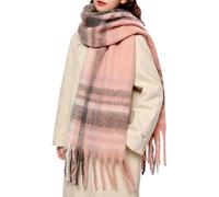 OUNIYA Large Chunky Scarf Oversized Fluffy Scarves Blanket Big Wool Thick Winter Warm, Pink Plaid, Large