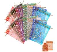 OUNONA 100 Pcs Organza Drawstring Bags for Wedding Favors Party Treats and Candy Packaging Vibrant Colors with Intricate Patterns Mixed Star and Moon Design
