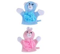 OUNONA 2pcs Cartoon Children Bath Scrubbers Washcloths with Bath Flower, Soft Foaming Exfoliating Towels for Baby, Cute Pink Rabbit and Blue Bear Design for Gentle Skin Care