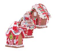 OUNONA 3pcs Gingerbread House Christmas Tree Decorations with Red Ribbon Hanging Ornaments Soft Luster Festive Holiday Display for Xmas Party Mantel Wall Window Decor