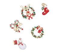 OUNONA 5pcs Alloy Xmas Brooches Festive Christmas Party Pins with Snowman Reindeer Bell Stocking Bow Designs for Women Decorative Lapel Clips for Jackets Bags Hats