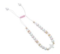 OUNONA Elegant Pink White Cross Pearl Beaded Bracelet for Women, Plastic Adjustable Friendship Symbol Wristlet for First Communion and Everyday Wear, Stylish Religious Jewelry