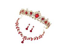 OUNONA Elegant Red Crown Necklace and Earring Set for Women Bridal Jewelry Wedding Accessories Stylish Rhinestone Three Piece Design for Brides and Special Occasions