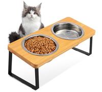OUNONA Elevated Stainless Steel Double Bowls Raised Cat Food and Water Bowl Set with Wooden Stand Ergonomic Height Sl esign for Indoor Cats and Small Dogs