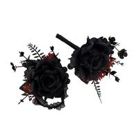 OUNONA Gothic Black Boutonniere and Wrist Corsage Set for Groom and Bride, Handcrafted Silk Fabric with Plastic Details, Keepsake Accessory for Unique Celebrations and Halloween Parties