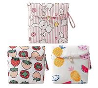 OUNONA Large Capacity Sanitary Pad Pouch with Buttons Design, Portable Cotton Tampon Storage Bag Set of 3, Comfortable Rabbit and Strawberry Pattern Coin Purse for Women