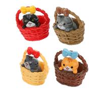 OUNONA Small Kitten Miniature Cat Figurines 4Pcs in Bamboo Basket, Cartoon Cat Ornaments for Desktop Garden and Home Decoration