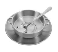 OUNONA Stainless Steel Round Dessert Bowl Set with Dual Handles and Spoon | Polished Finish, Included Saucer and Tray, for Parties, Appetizers, Home Entertainers, Caterers
