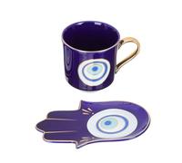 OUNONA Turkish Blue Evil Eye Ceramic Tea Cup with Saucer Decorative Porcelain Coffee Cups for Office and Hotel Serving Smooth Rim and Slip Base and Elegant Afternoon Tea Gift