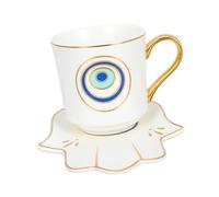 OUNONA Turkish Gold Trim Ceramic Tea Cup with Saucer Decorative White and Blue Evil Eye Design Porcelain Drinkware for Office Hotel Afternoon Tea and Coffee Serving