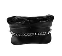 OUNONA Unisex Black PU Leather Chain Newsboy Cap Short Brim Sailor Hat for Men and Women Retro Captain Hat for Halloween Costume Parties
