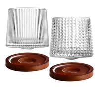 OUNONA Whiskey Glass Set with Wooden Coasters, 150ml Rotating Glasses | Smooth Surface, Suitable for Whiskey, Wine, Juice and Beer, Space Saving Storage for Dorms and Bars