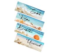 OUNONA Wooden Beach Wall Decor Set 4pcs Ocean Theme Nautical Plaques Coastal Wall Hanging Signs for Bathroom Living Room Farmhouse Home Decoration
