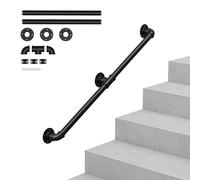 OUNUO Wall Handrail for Stairs Steps, Black Metal Industrial Pipe Staircase Handrail for Indoor Outdoor Wall Mount Support, Wall Hand Railing,Safety Handle (Black, 150cm)