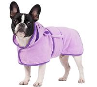 OUOBOB Dog Drying Coat, Bathrobe for Drying Dogs, Towels for Medium Dogs, Microfibre Dog Robe Super Absorbency with Hood & Adjustable Belly Straps for Frenchie, Beagle, Boston Terrier (Purple, L)
