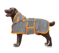 OUOBOB Dog Drying Robe with Hood & Adjustable Belly Straps, Super Absorbent Microfibre Grooming Coat for Secure Fit, Quick Dry After Bath for Medium Dogs - French Bulldog, Beagle, Boston Terrier, Grey
