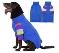 OUOBOB Dog Jumper Winter Warm Knitted | Turtleneck & Ribbed Cuffs,Colorful Striped Front Leg Sleeves | for Golden Retriever, Labrador, Rottweiler Blue 2XL