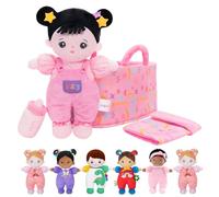 OUOZZZ Baby Soft Doll with Carrying Case and Accessories, Pink, 25cm, Soft Cloth Black Hair, Cuddly for Children from 3 Months - Baby Gift for Boys and Girls
