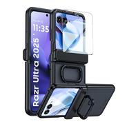 oupeigar for Motorola Razr Ultra 2025 Case with Ring Holder & Screen Protector & Hinge Protection, Wireless Charging, Skin Feel Matte PC, Shockproof Phone Case for Moto Razr Ultra 2025-Black
