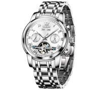 OUPINKE Automatic Men's Watch Luxury Tourbillon Moon Phase Calendar Self Winding Two Tone Stainless Steel Business Dress Mechanical Watches for Men Luminous Waterproof （Gold/Blue/Green/Silver）