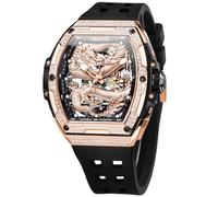 OUPINKE Automatic Skeleton Mens Watch with Dragon Design Luxury Diamond Sapphire Crystal Waterproof Luminous Wristwatch Silicone Band, 6021: Gold, 6021