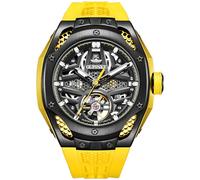 OUPINKE Automatic Skeleton Watches for Men Waterproof Sports Luxury Silicone Mechanical Self Winding Dress Tourbillon Watch, 9003：Yellow black, Modern