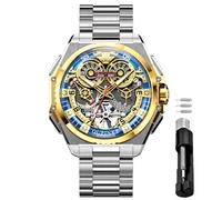 OUPINKE Automatic Watches for Men Skeleton Waterproof Luxury Stainless Steel Sports Mechanical Self Winding Tourbillon Dress Wrist Watch, 3266-Sliver-Gold